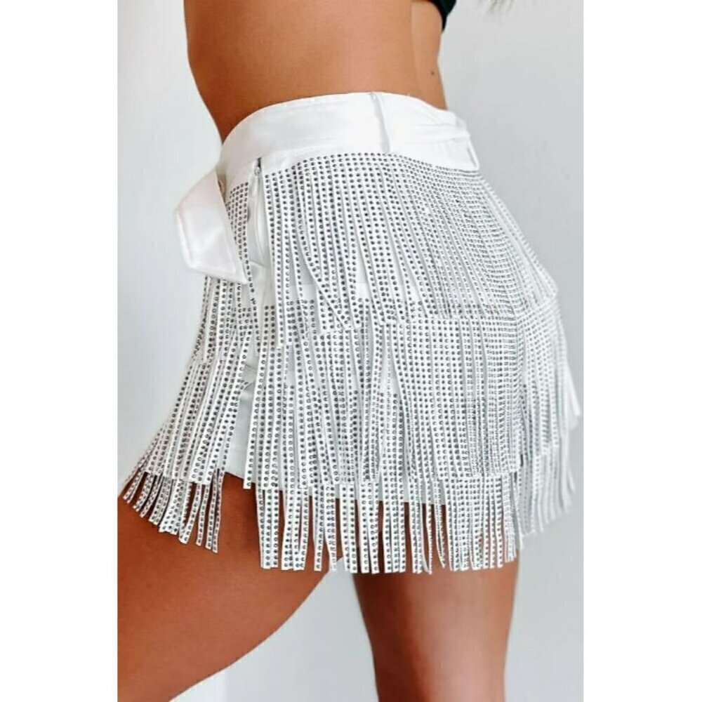 Born To Shine Belted Rhinestone Fringe Shorts in White - Picture 9 of 10